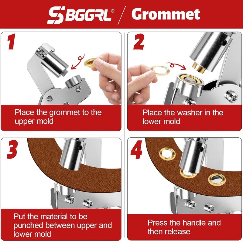 SBGGRL Grommet Tool kit, 3/8 Inch Heavy Duty Eyelets Pliers with 300 pcs 10mm Metal Grommet Set (Gold, Black, Silver) for Tarps, Fabric, Leather, Tents, Vinyl, Canvas - Image 4